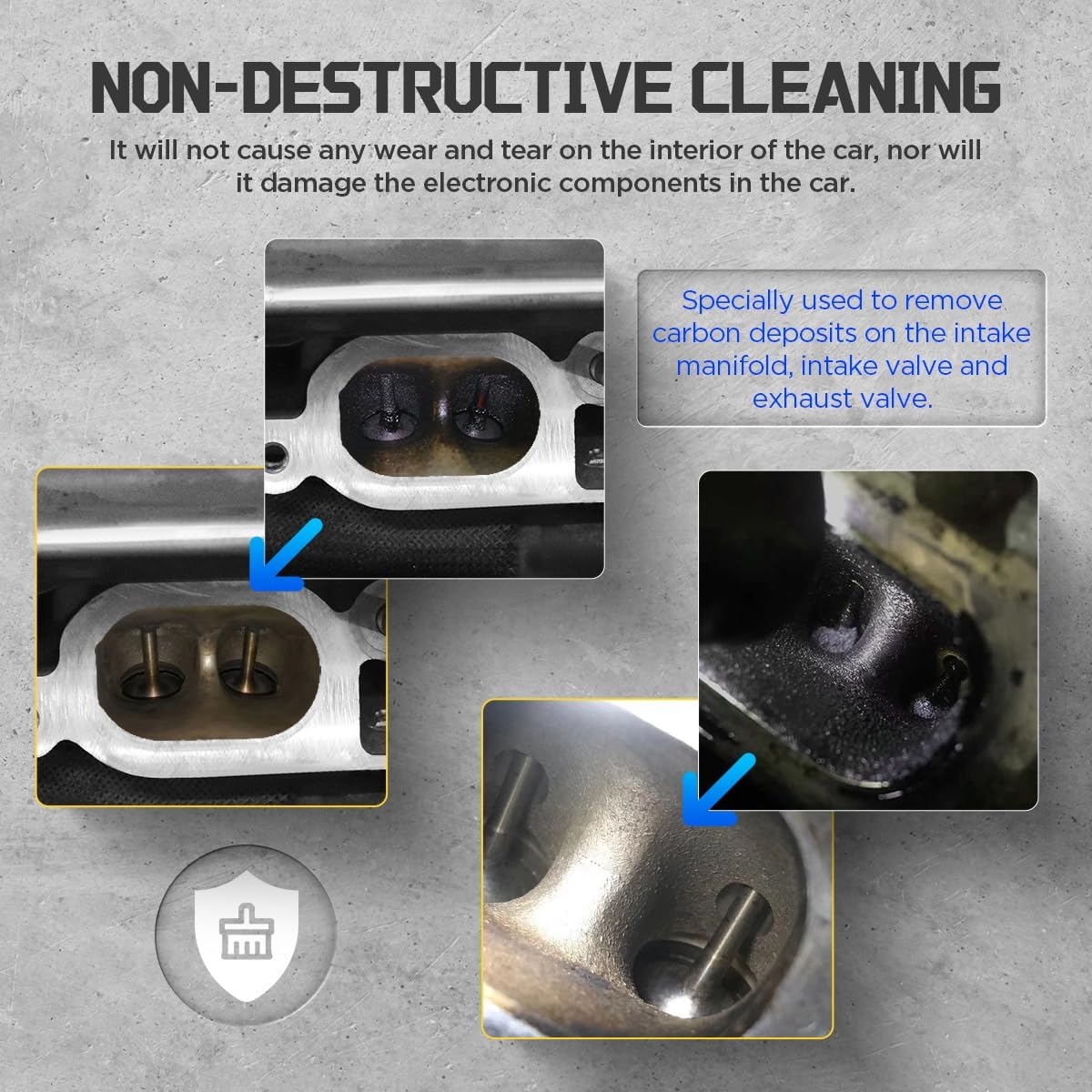 Before and after walnut blasting on direct injection intake valves