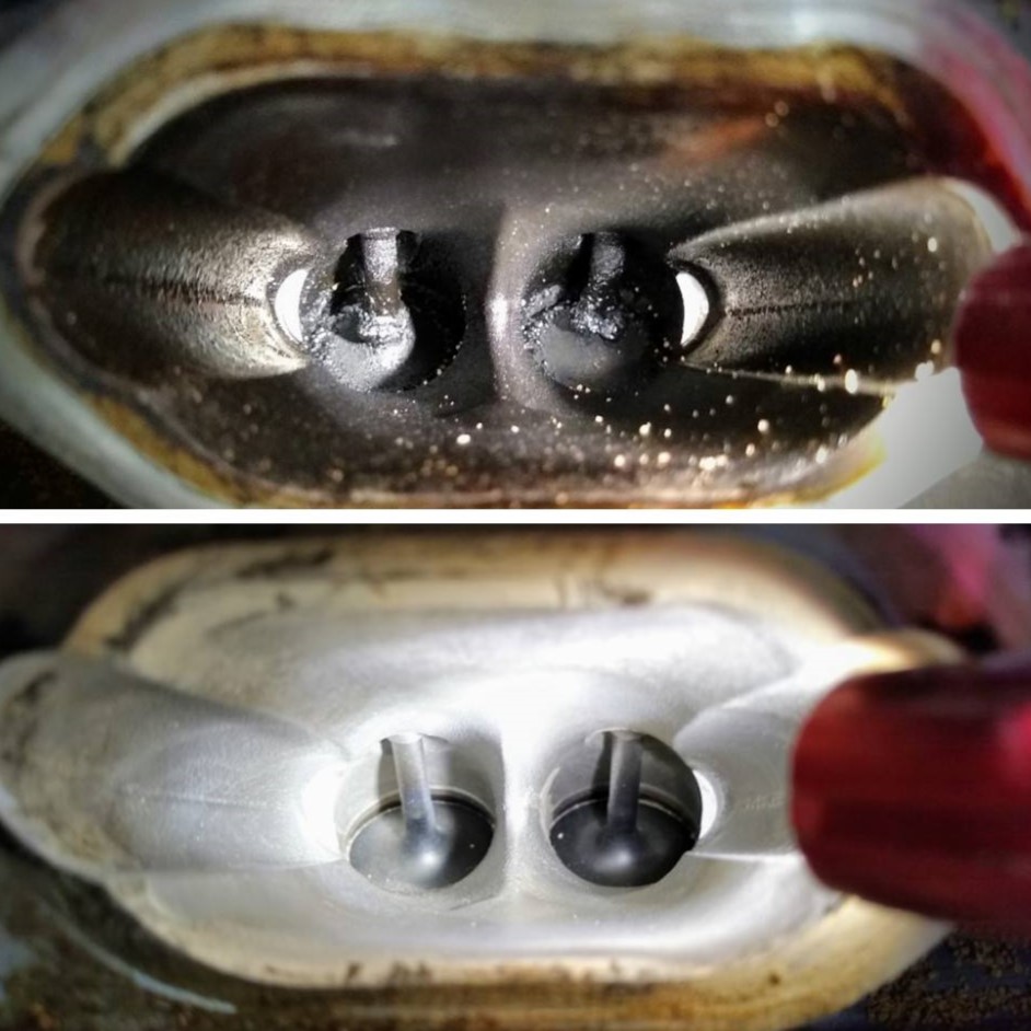 Cylinder ports before and after walnut blasting showing heavy carbon removed